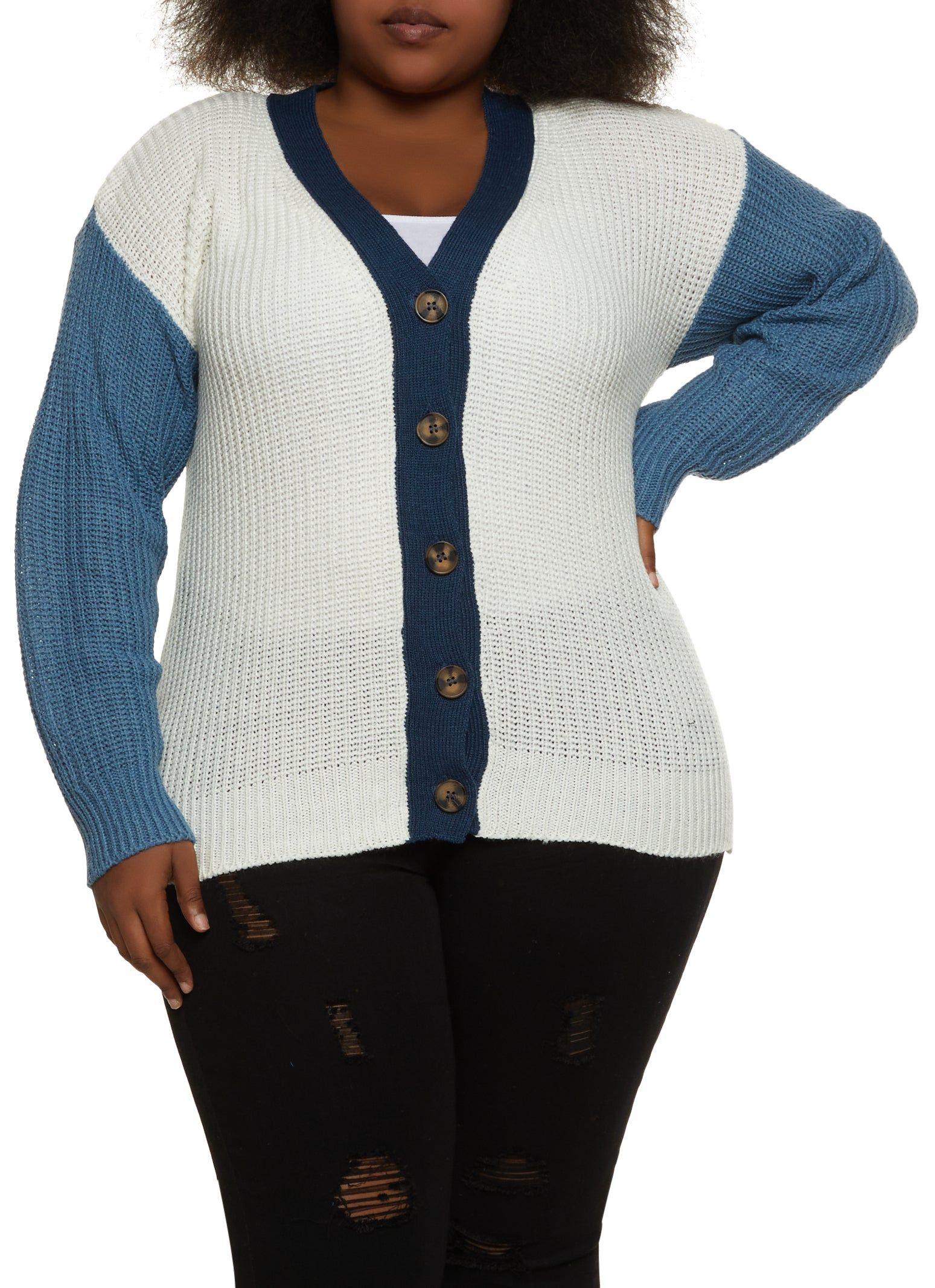 Plus Size Color Block Button Front Cardigan sold by Rainbow