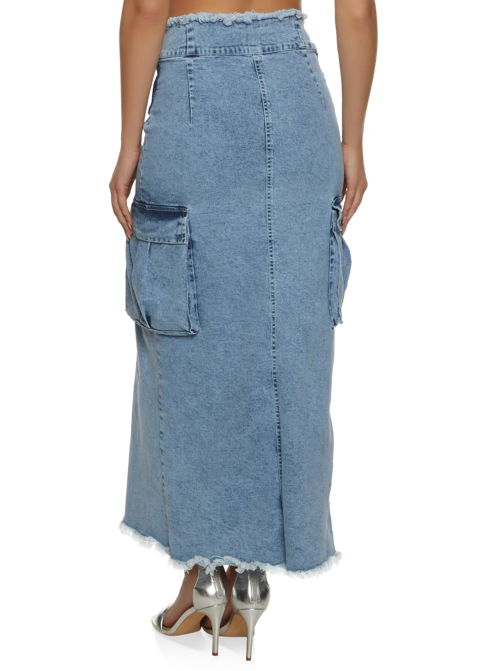 Denim Tie Waist Frayed Hem Denim Maxi Skirt sold by Rainbow product image thumbnail 3