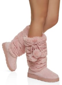 Solid Faux Fur Pom Pom Tall Boots sold by Rainbow