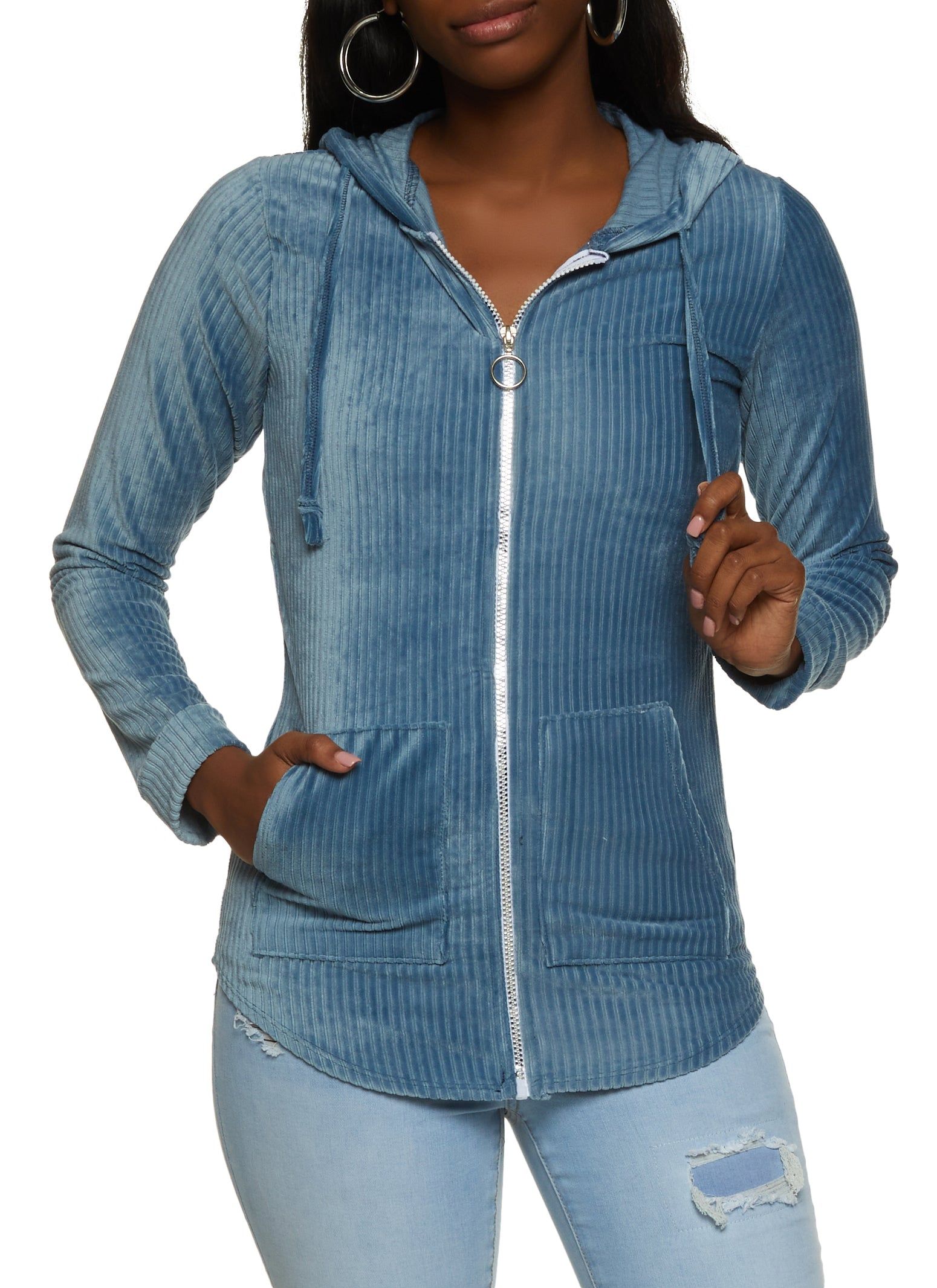 Ribbed Knit Velour Zip Front Hoodie sold by Rainbow