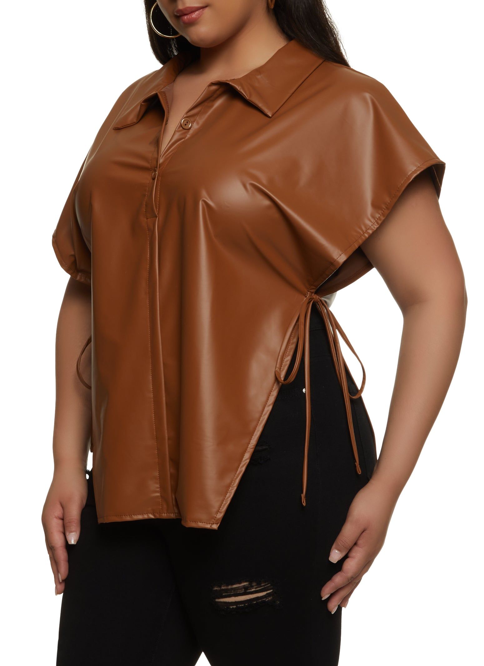 Plus Size Faux Leather Open Side Tie Shirt sold by Rainbow