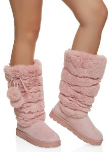 Solid Faux Fur Pom Pom Tall Boots sold by Rainbow