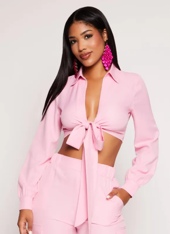 Crepe Knit Long Sleeve Tie Front Crop Top sold by Rainbow