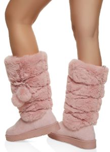 Solid Faux Fur Pom Pom Tall Boots sold by Rainbow