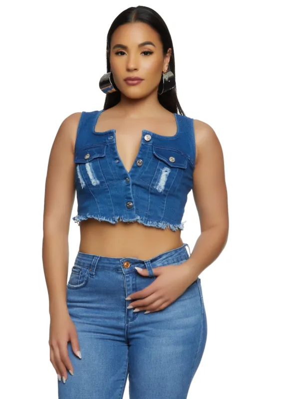 Frayed Hem Button Front Denim Crop Tank Top sold by Rainbow