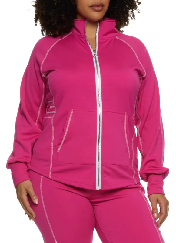 Plus Size Fleece Contrast Stitch Zip Front Track Jacket sold by Rainbow