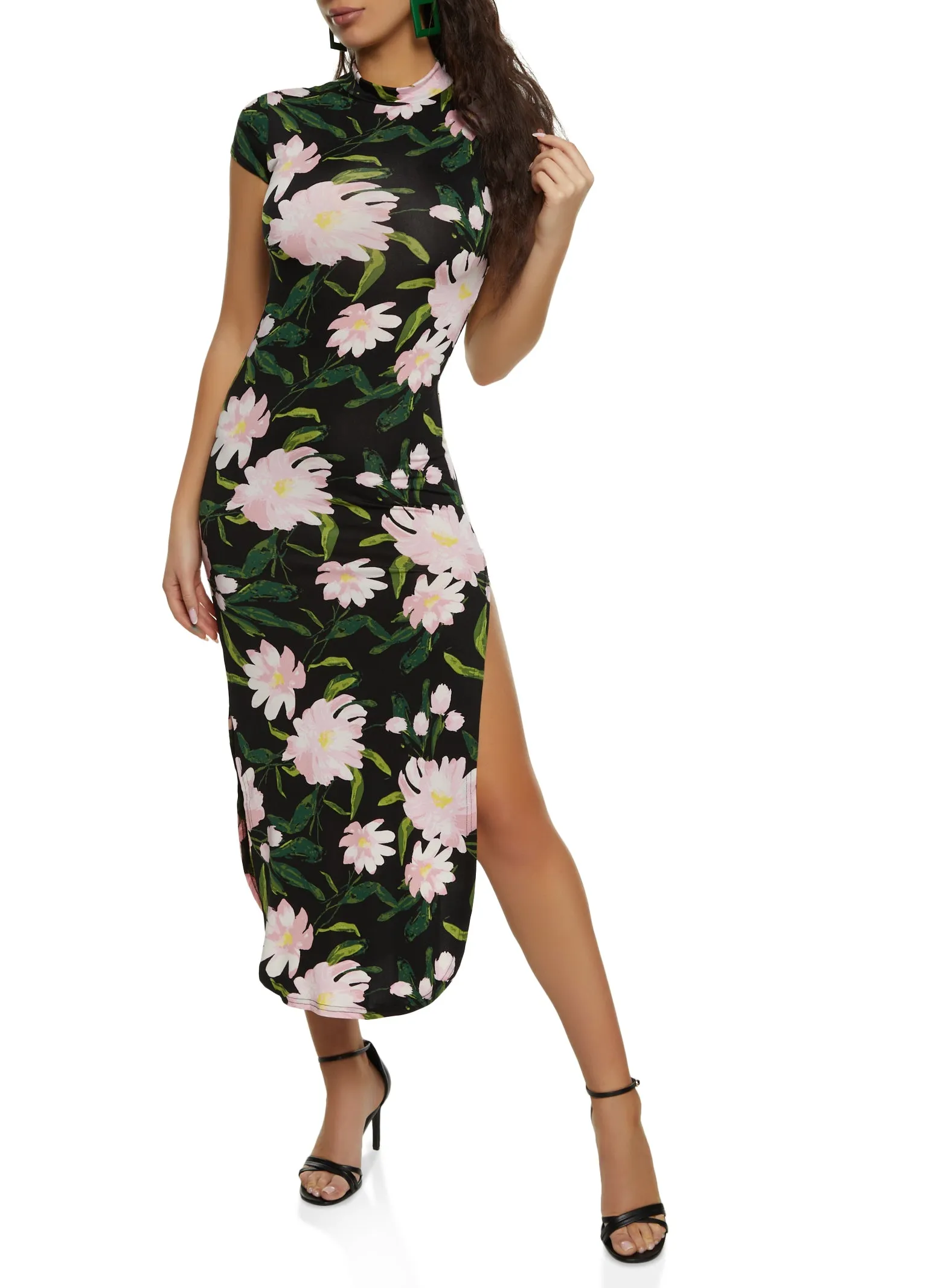 Floral Mock Neck Cut Out Back Maxi Dress sold by Rainbow