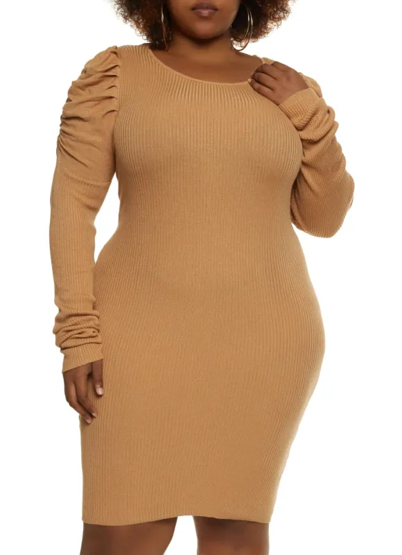 Plus Size Rib Knit Ruched Sleeve Sweater Dress sold by Rainbow