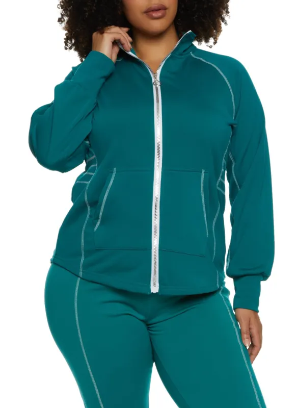 Plus Size Fleece Contrast Stitch Zip Front Track Jacket sold by Rainbow