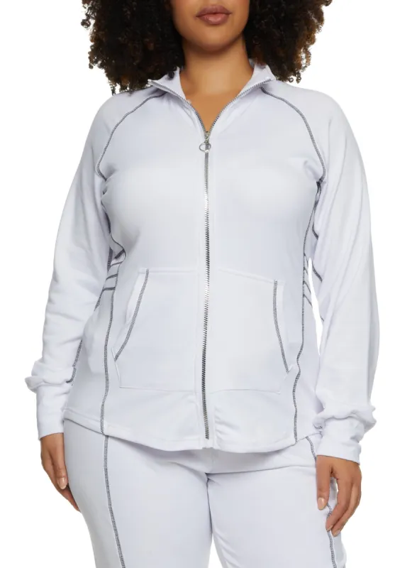 Plus Size Fleece Contrast Stitch Zip Front Track Jacket made by Rainbow