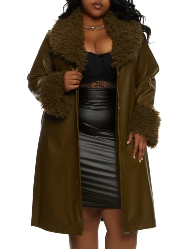 Plus Size Faux Fur Trim Belted Trench Coat sold by Rainbow