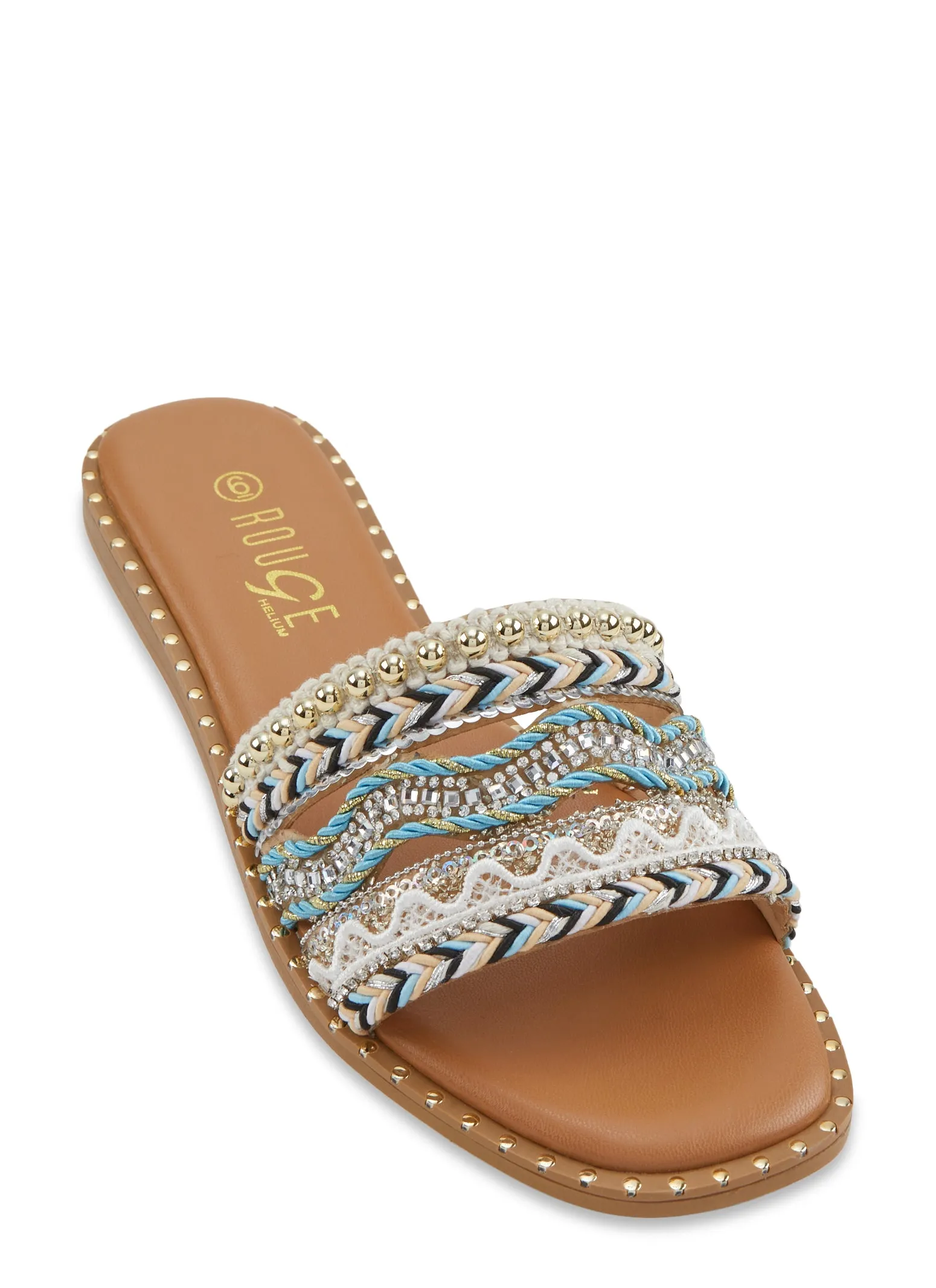 Studded Embroidered Sequin Cut Out Band Slide Sandals sold by Rainbow