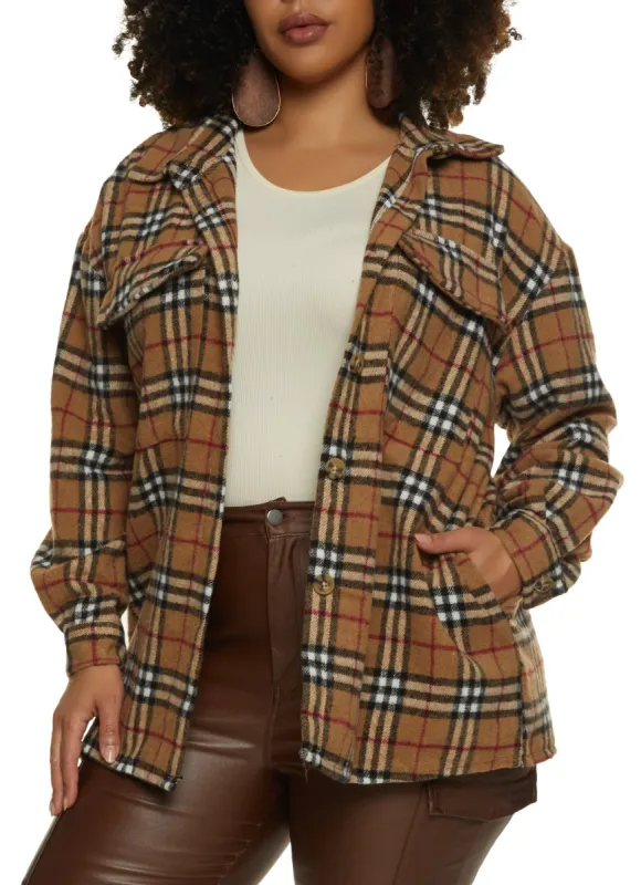 Plus Size Flannel Button Front Pocket Detail Shacket sold by Rainbow