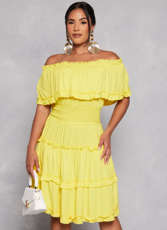 Off The Shoulder Tiered Ruffle Trim Dress sold by Rainbow