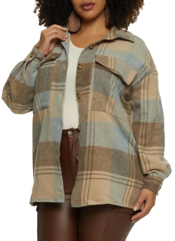 Plus Size Flannel Button Front Pocket Detail Shacket sold by Rainbow