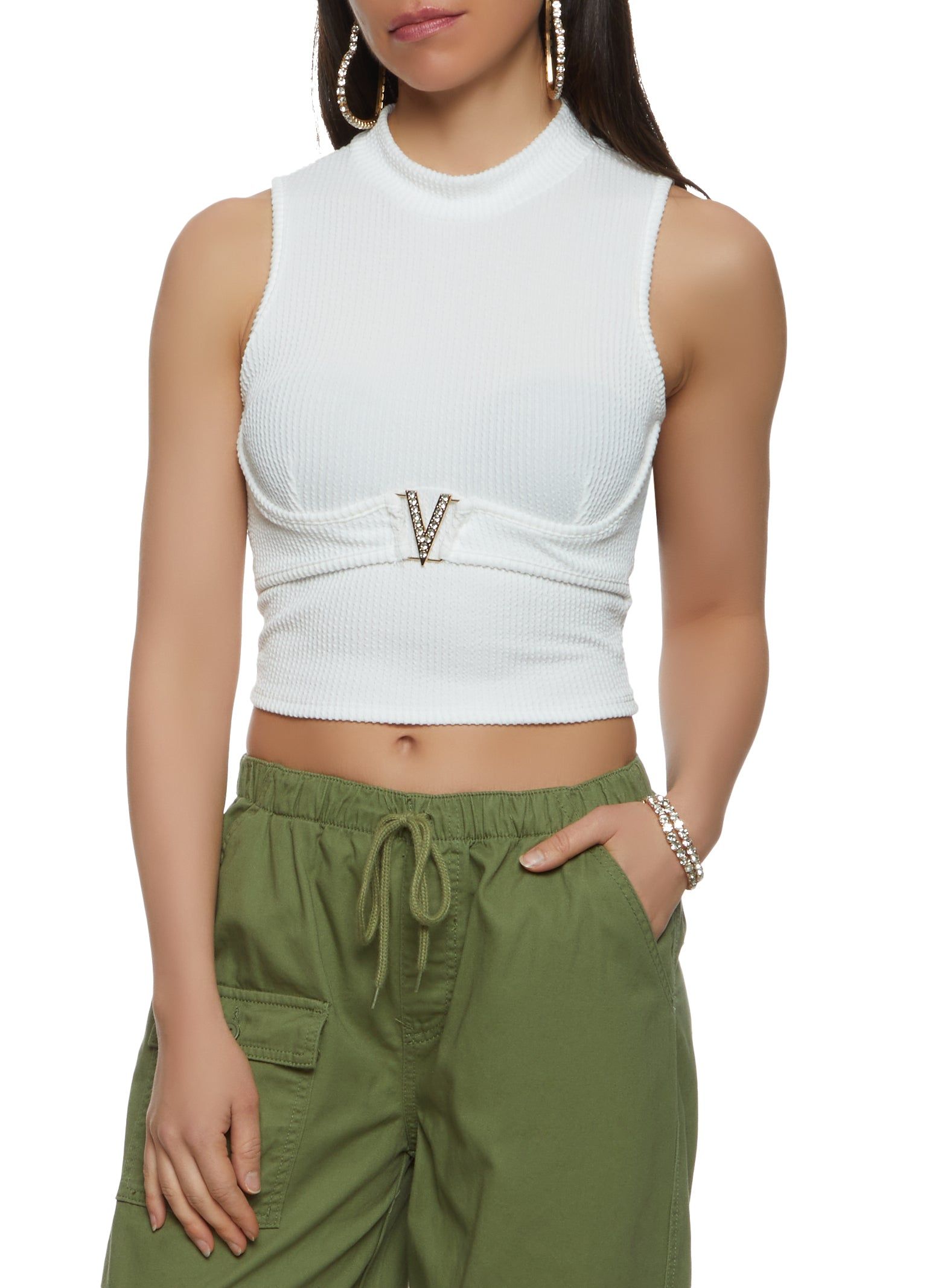 Rhinestone Buckle Mock Neck Tank Top sold by Rainbow