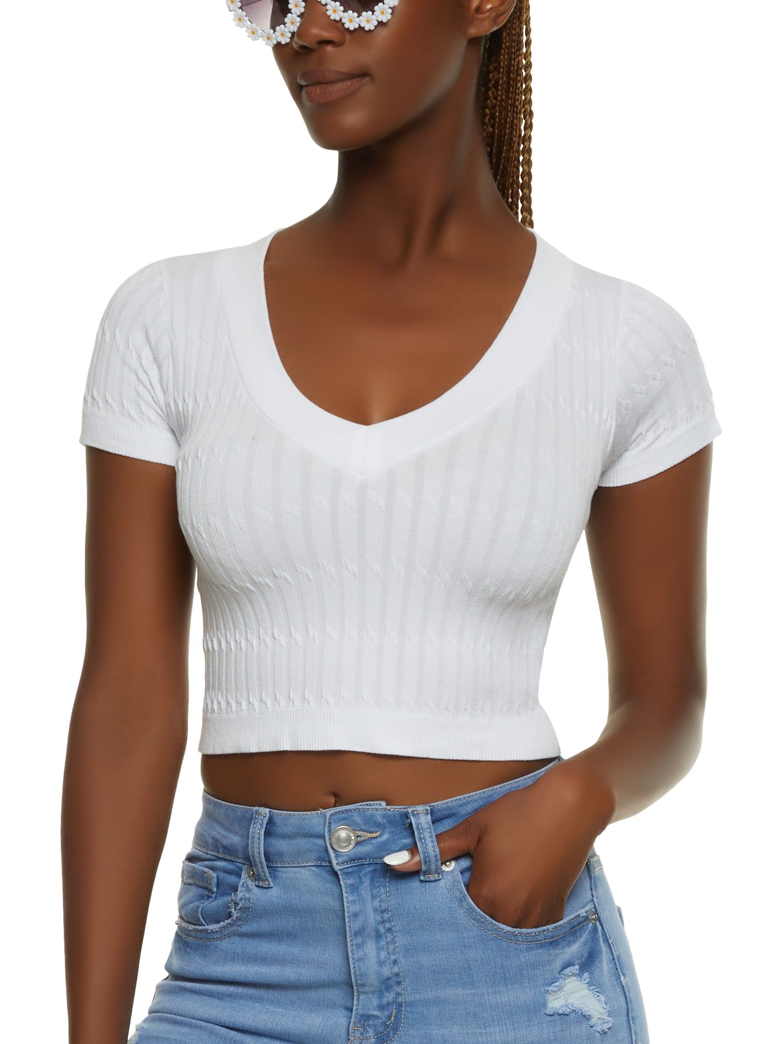 Seamless Cable Knit V Neck Crop Top sold by Rainbow