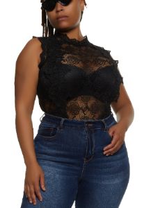 Plus Size Floral Lace Mock Neck Bodysuit sold by Rainbow