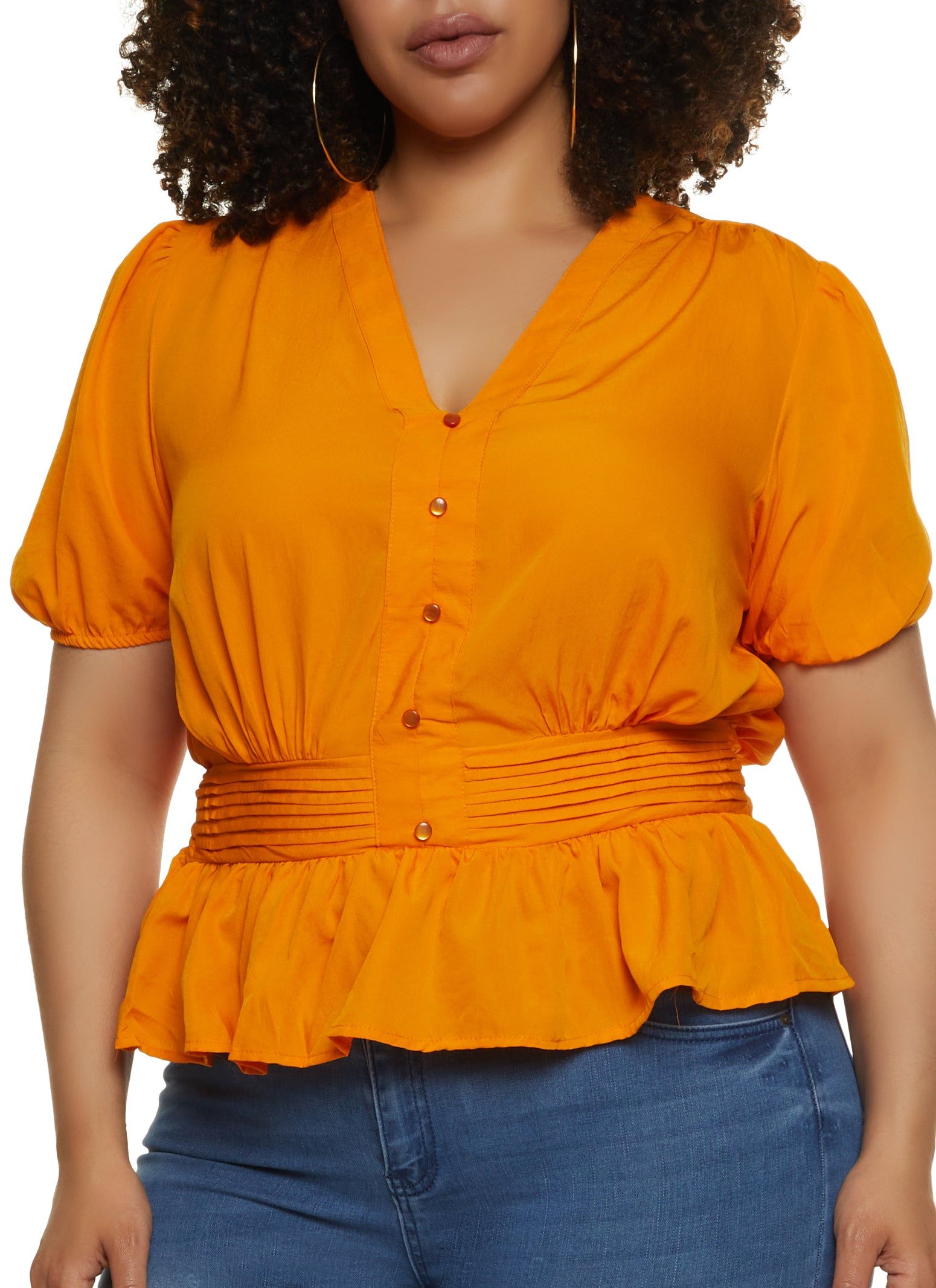 Plus Size Faux Button Tie Back Peplum Top sold by Rainbow