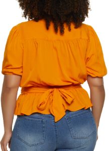 Plus Size Faux Button Tie Back Peplum Top sold by Rainbow
