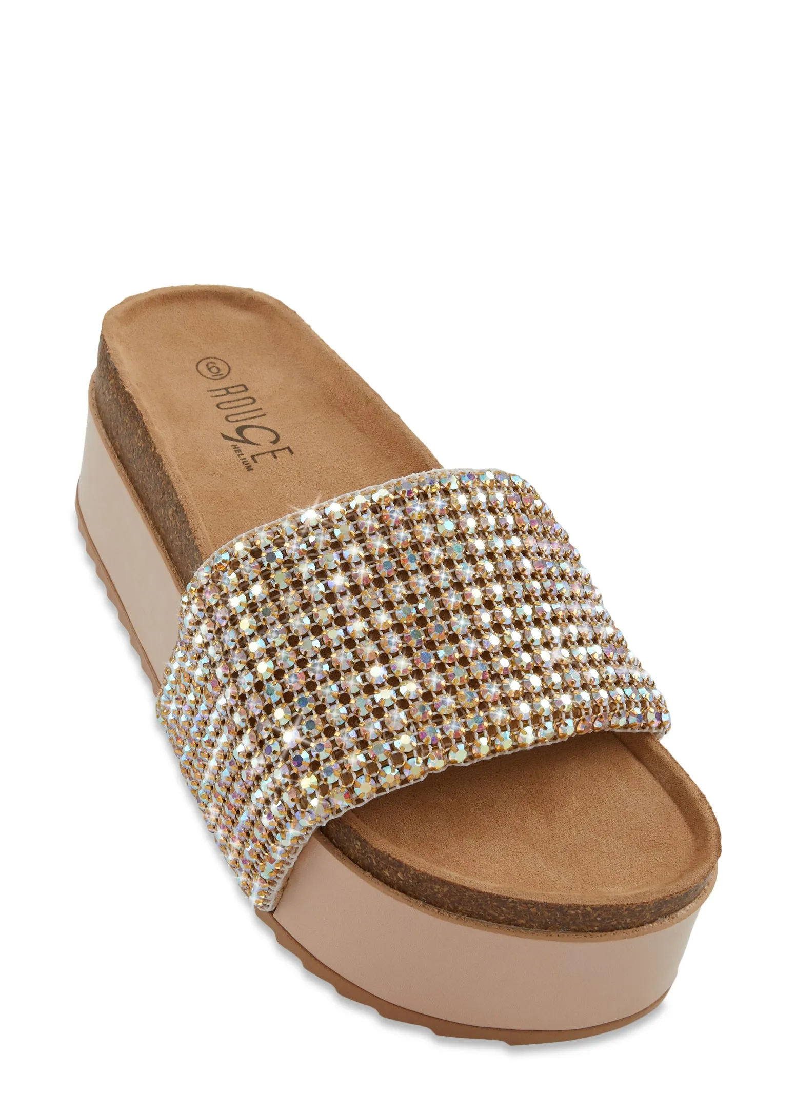 Rhinestone Band Cork Detail Platform Sandals sold by Rainbow