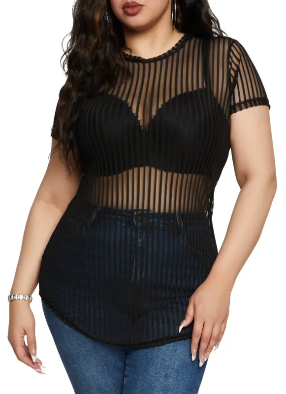 Plus Size Shadow Stripe Mesh Tunic Tee sold by Rainbow