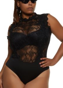 Plus Size Floral Lace Mock Neck Bodysuit sold by Rainbow