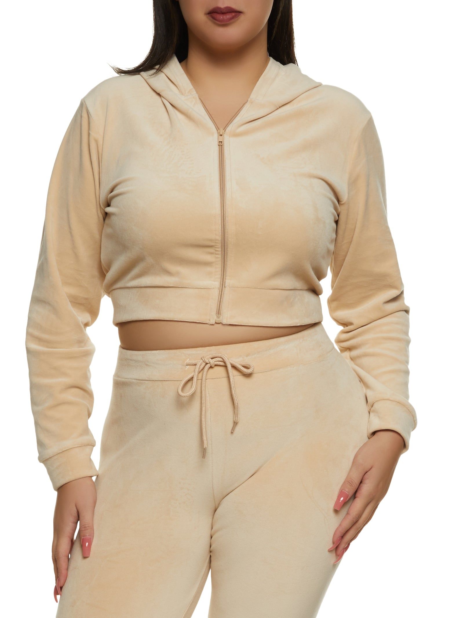 Plus Size Cropped Velour Zip Front Hoodie sold by Rainbow