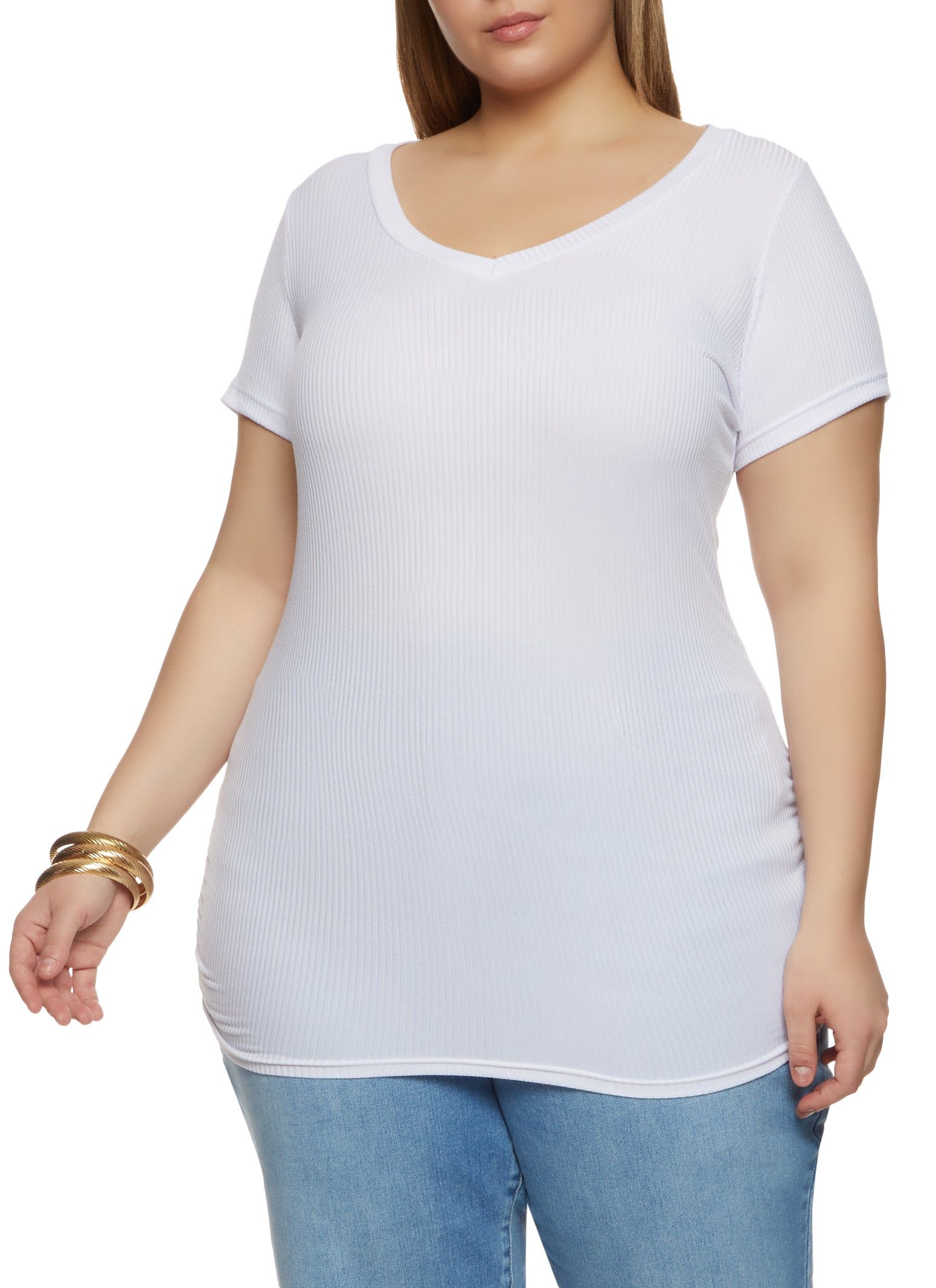Plus Size Rib Knit Ruched Side V Neck Tee sold by Rainbow