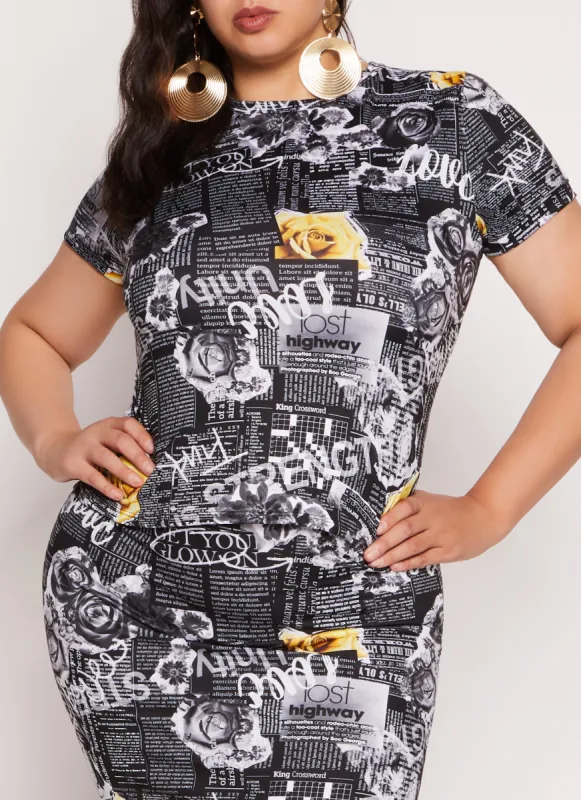 Plus Size Floral Newspaper Print Crew Neck Tee made by Rainbow