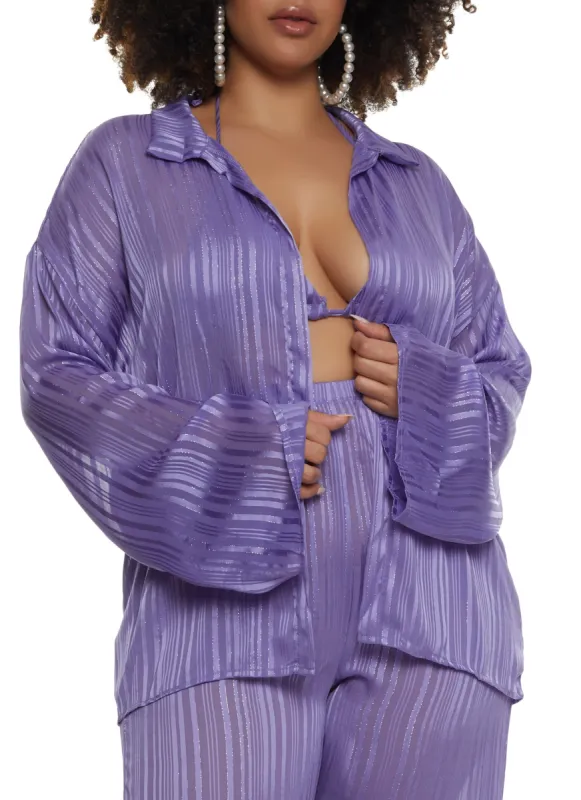 Plus Size Lurex Shadow Stripe Open Front Top and Halter Top sold by Rainbow