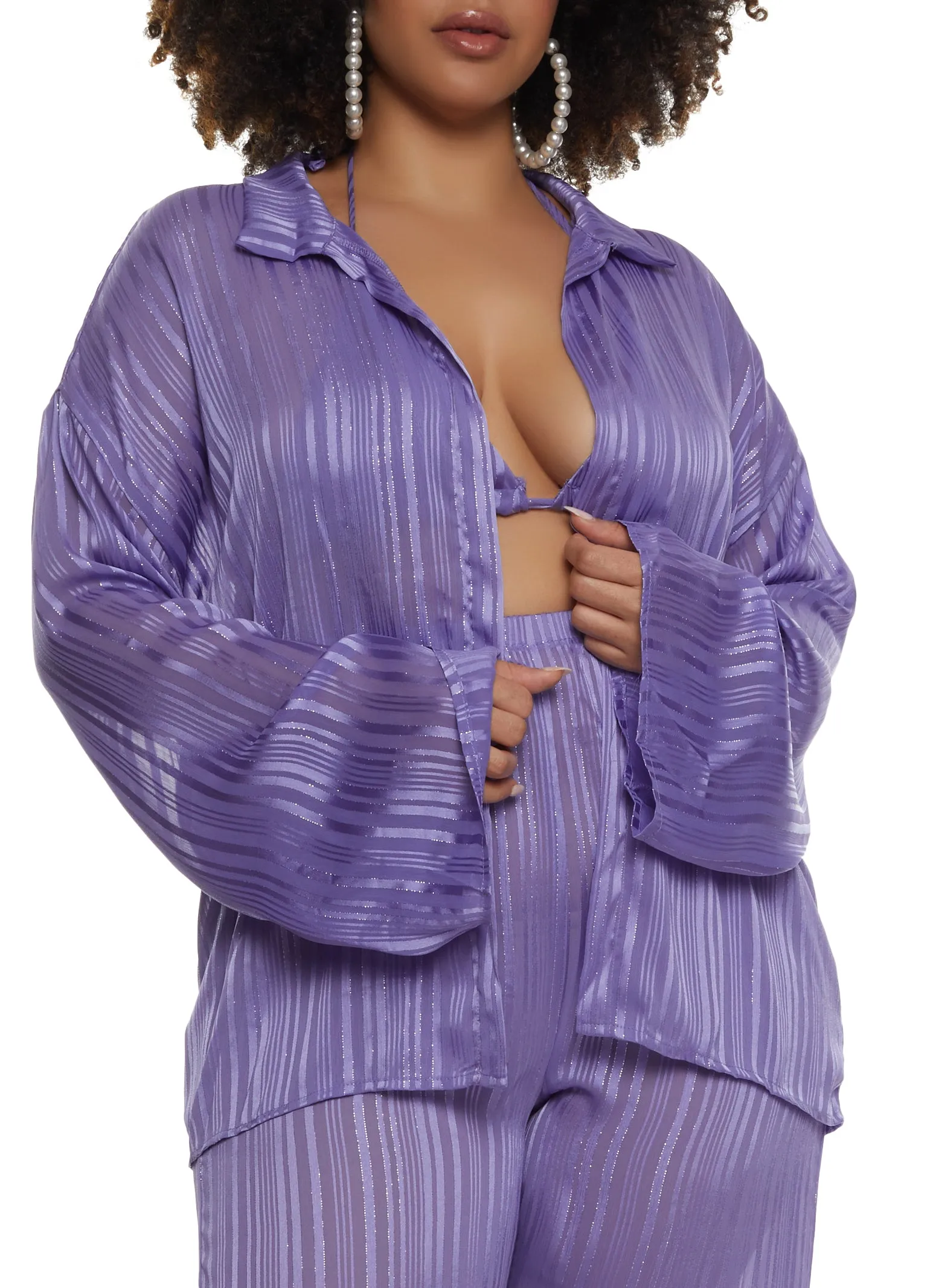 Plus Size Lurex Shadow Stripe Open Front Top and Halter Top sold by Rainbow