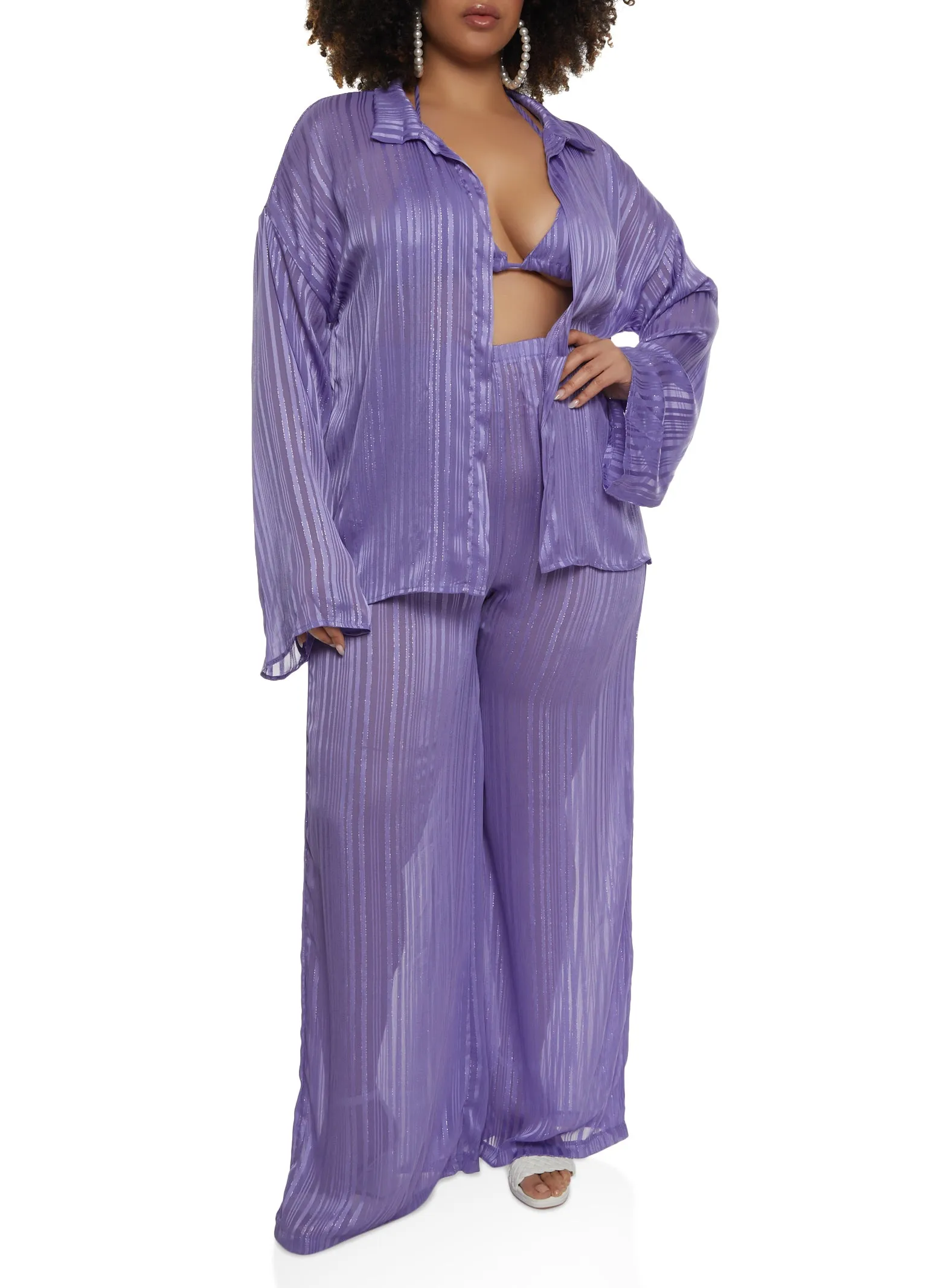 Plus Size Lurex Shadow Stripe Open Front Top and Halter Top sold by Rainbow product image thumbnail 2