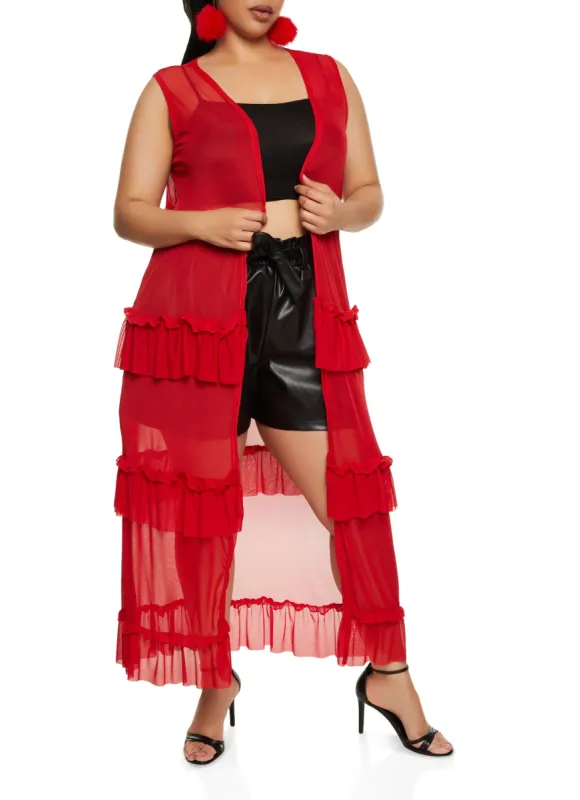 Plus Size Mesh Sleeveless Ruffle Detail Duster sold by Rainbow