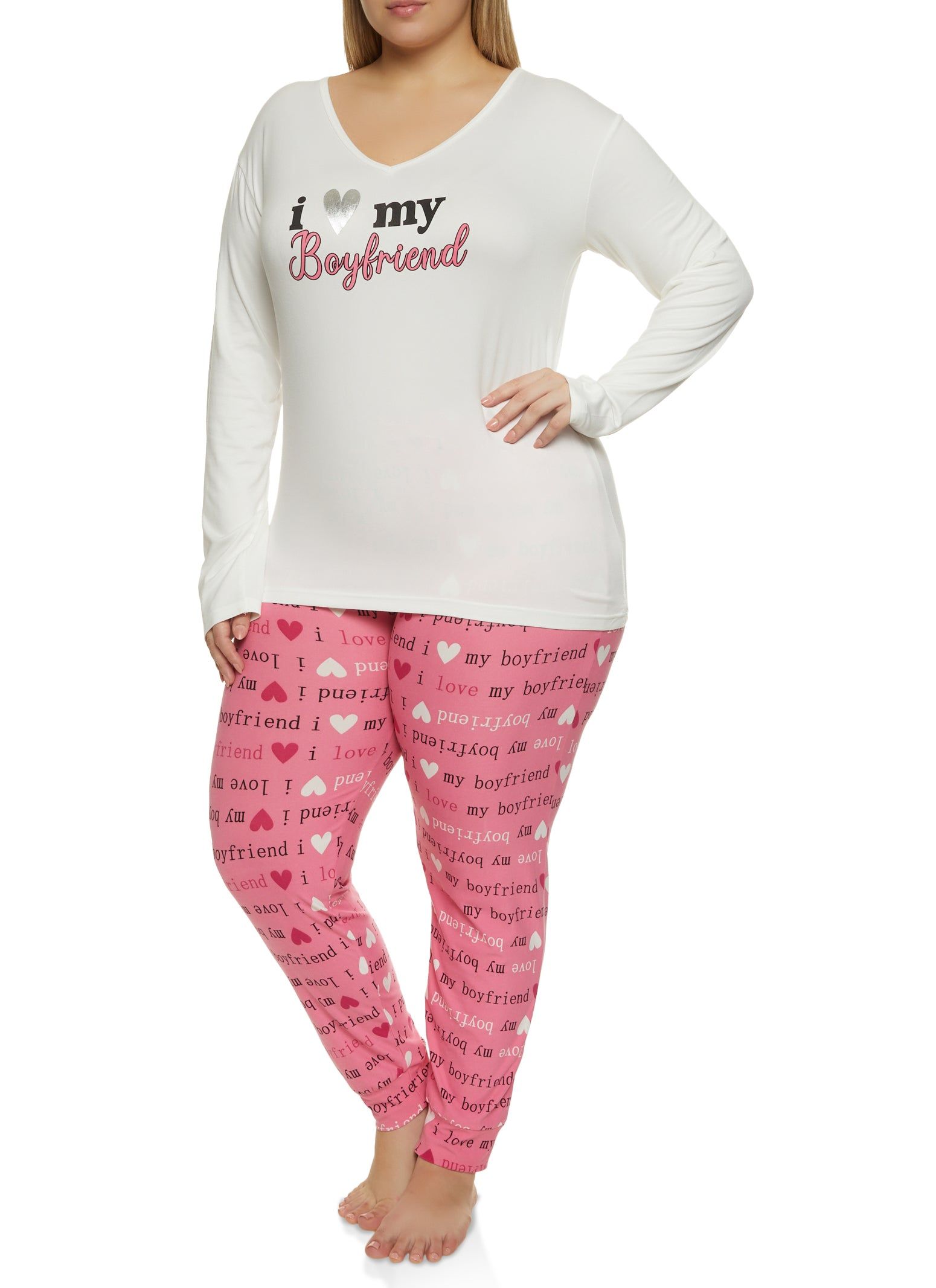 Plus Size I Love My Boyfriend Pajama Long Sleeve Top and Pants sold by Rainbow