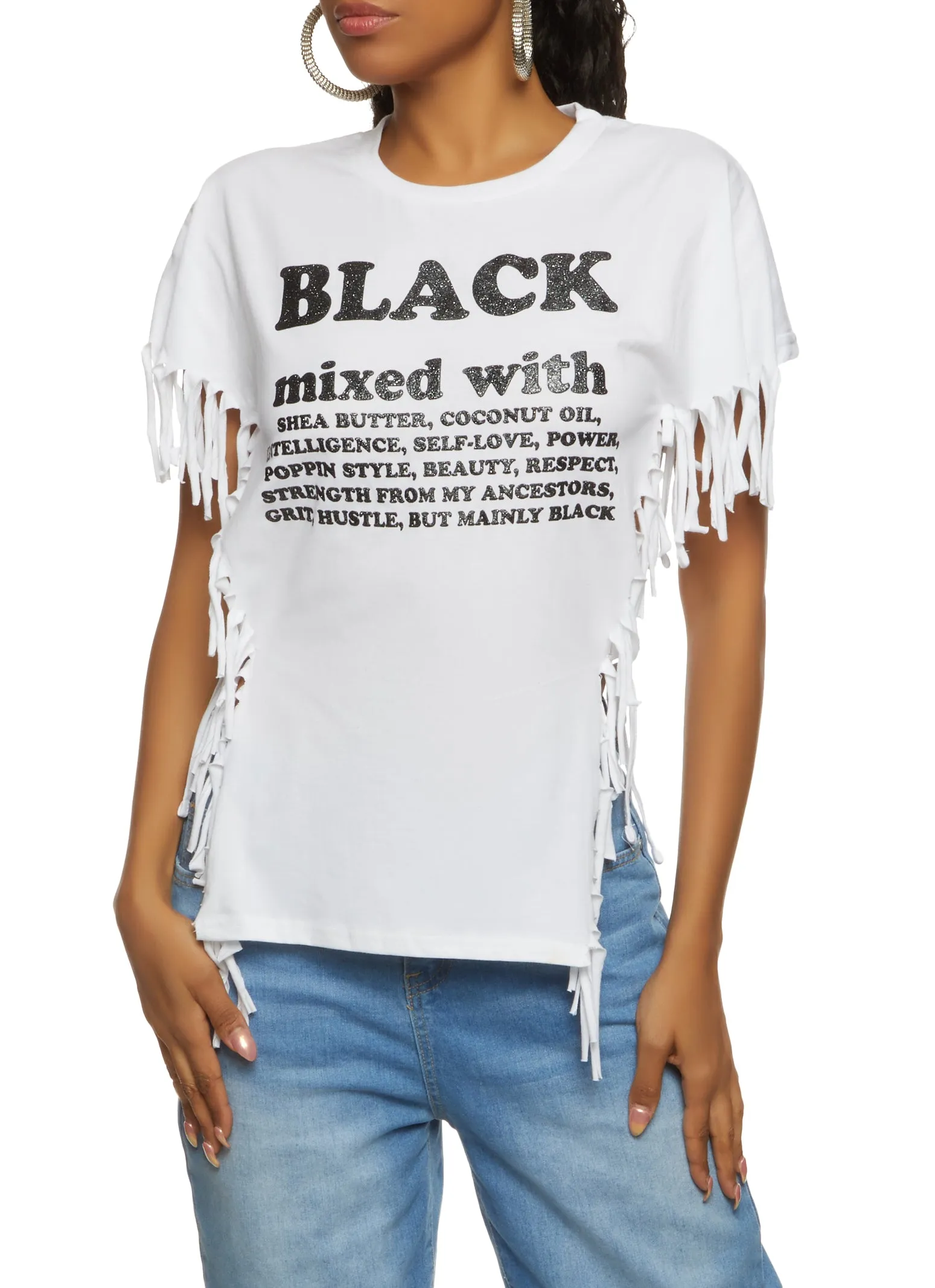 Black Mixed With Graphic Fringe Side Tie Tee sold by Rainbow