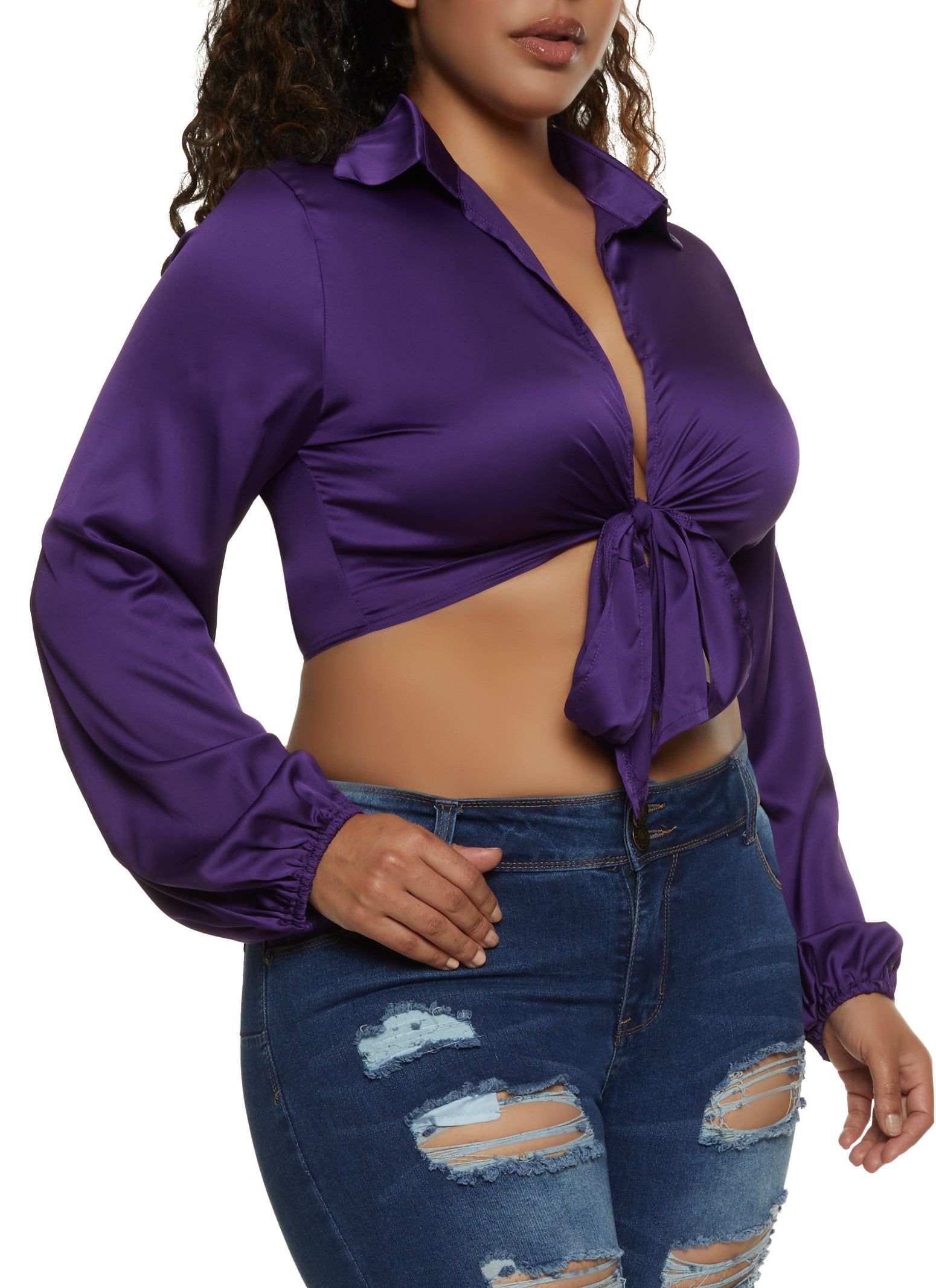 Plus Size Balloon Sleeve Tie Front Crop Top sold by Rainbow