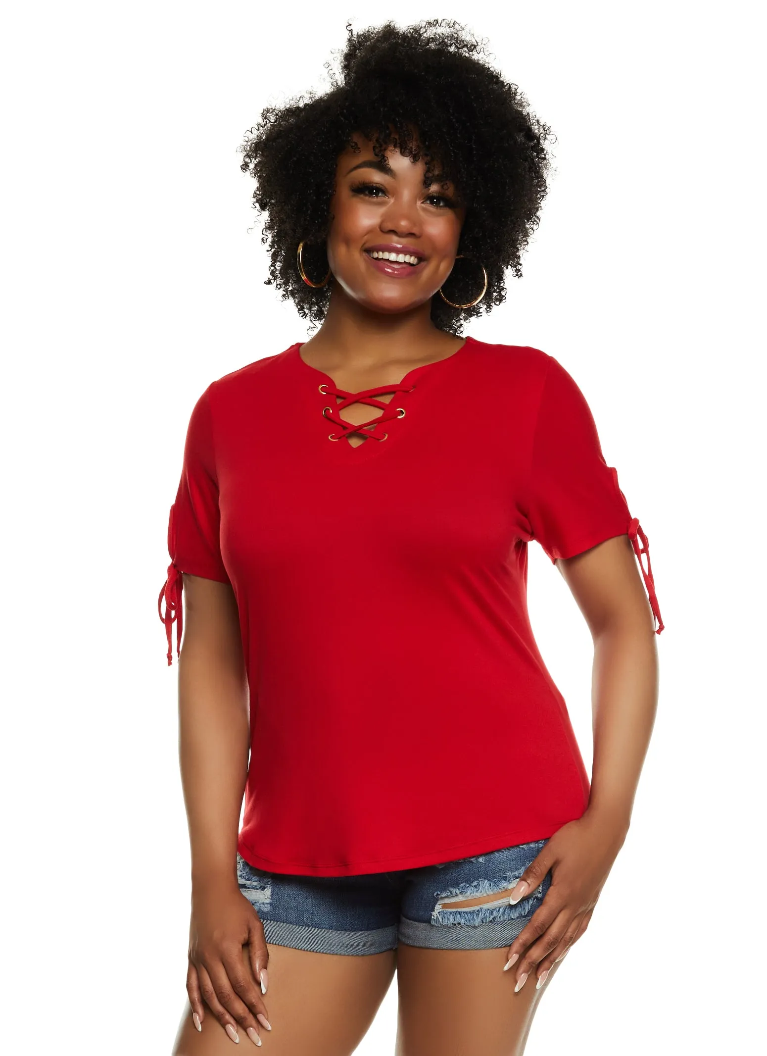 Plus Size Lace Up Notch Neck Tie Sleeve Tee sold by Rainbow