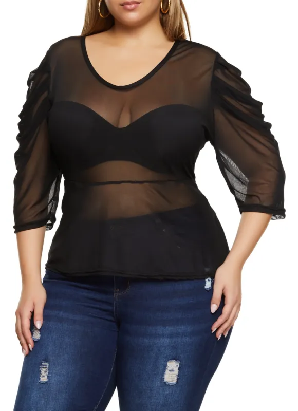 Plus Size Mesh Ruched Quarter Sleeve Top sold by Rainbow