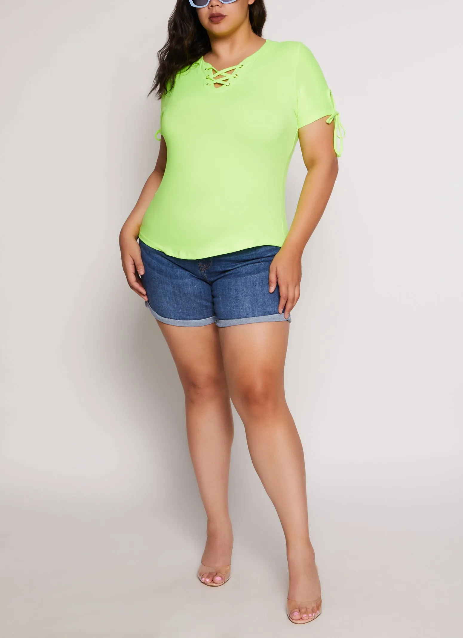 Plus Size Lace Up Notch Neck Tie Sleeve Tee sold by Rainbow product image thumbnail 2