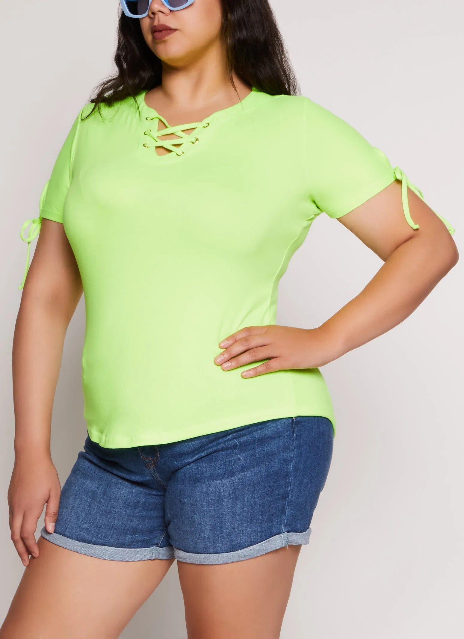 Plus Size Lace Up Notch Neck Tie Sleeve Tee sold by Rainbow
