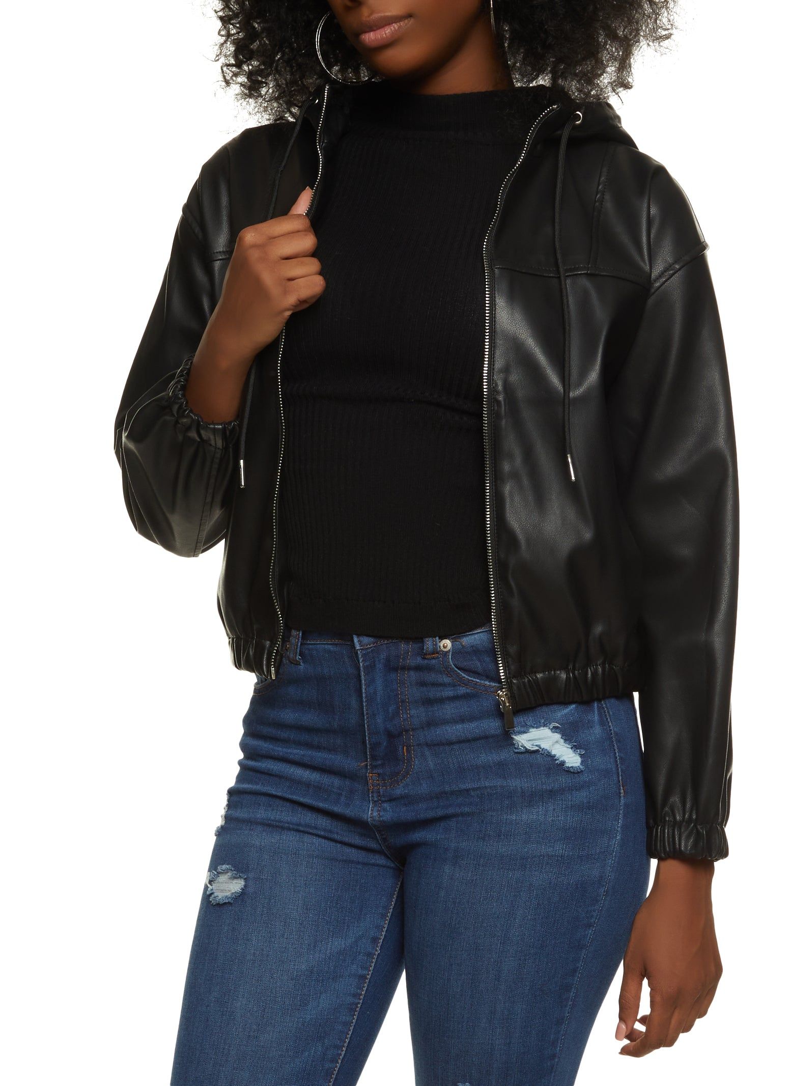 Faux Leather Zip Front Hooded Bomber Jacket sold by Rainbow