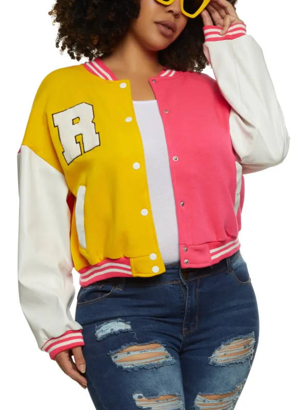 Plus Size Color Block Chenille Patch Cropped Varsity Jacket sold by Rainbow