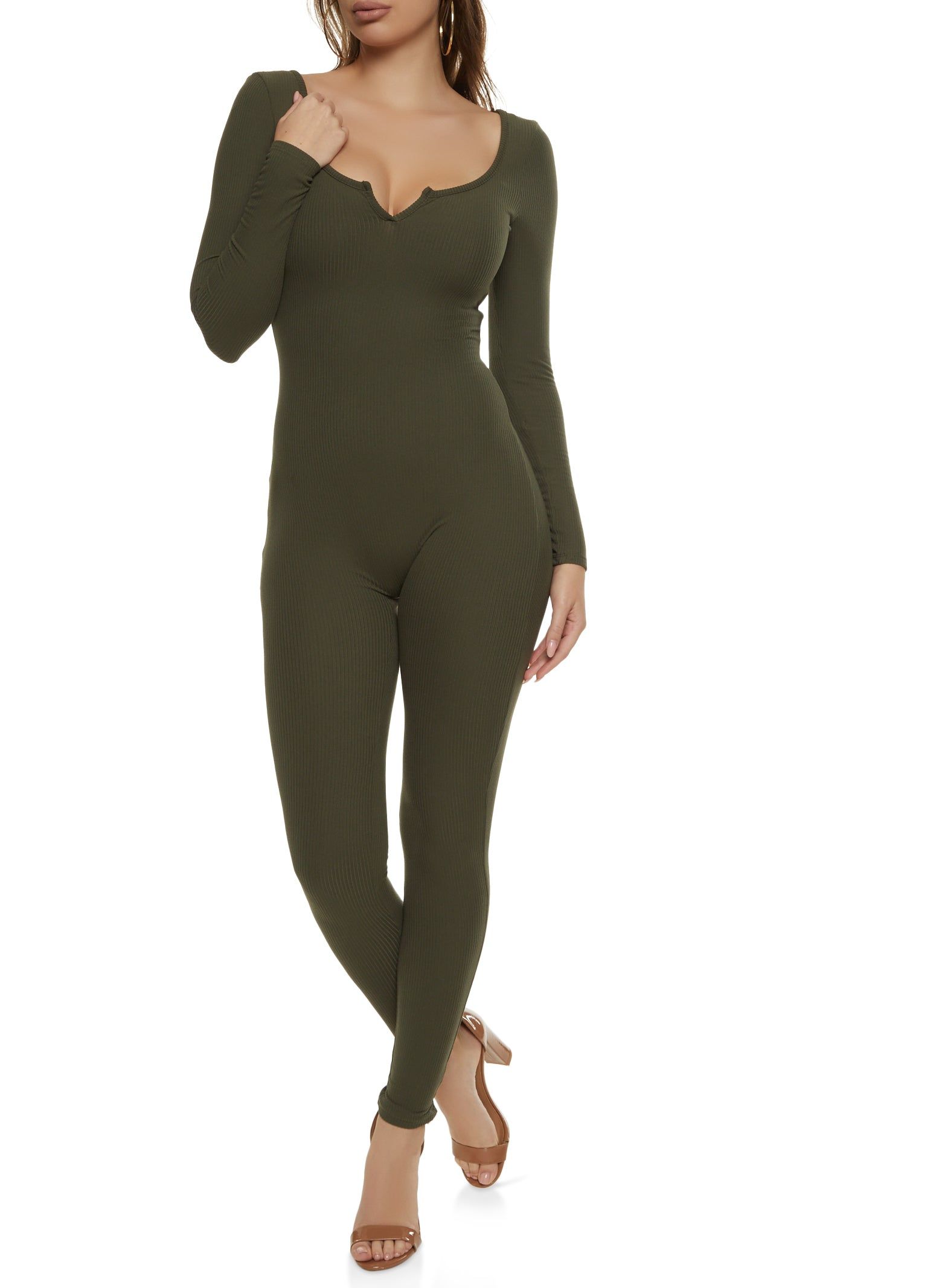 Ribbed Notch Neck Open Back Jumpsuit sold by Rainbow