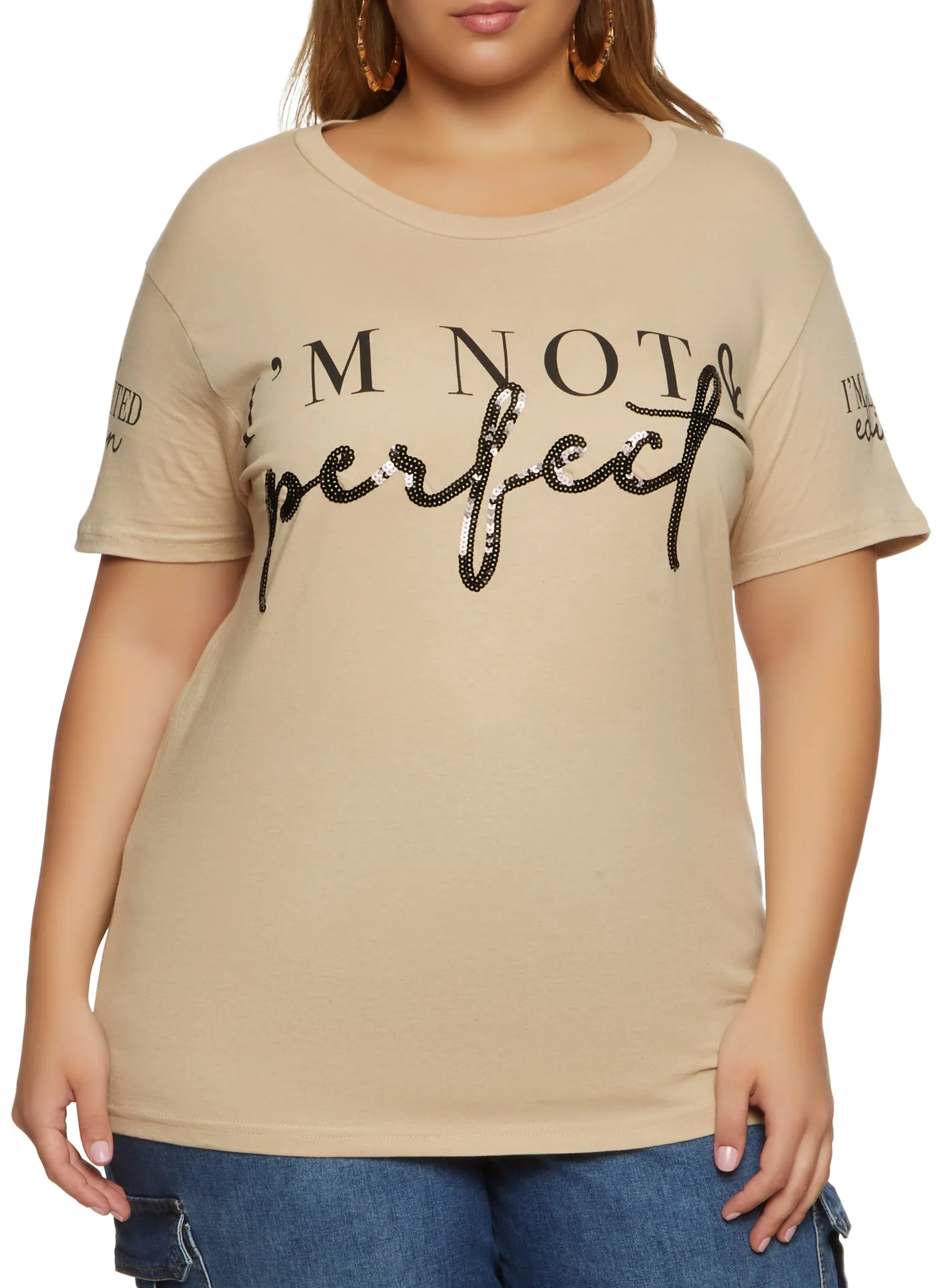 Plus Size Im Not Perfect Sequin Graphic Tee sold by Rainbow