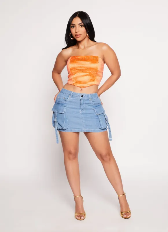 Denim Tabbed Cargo Pocket Mini Skirt sold by Rainbow