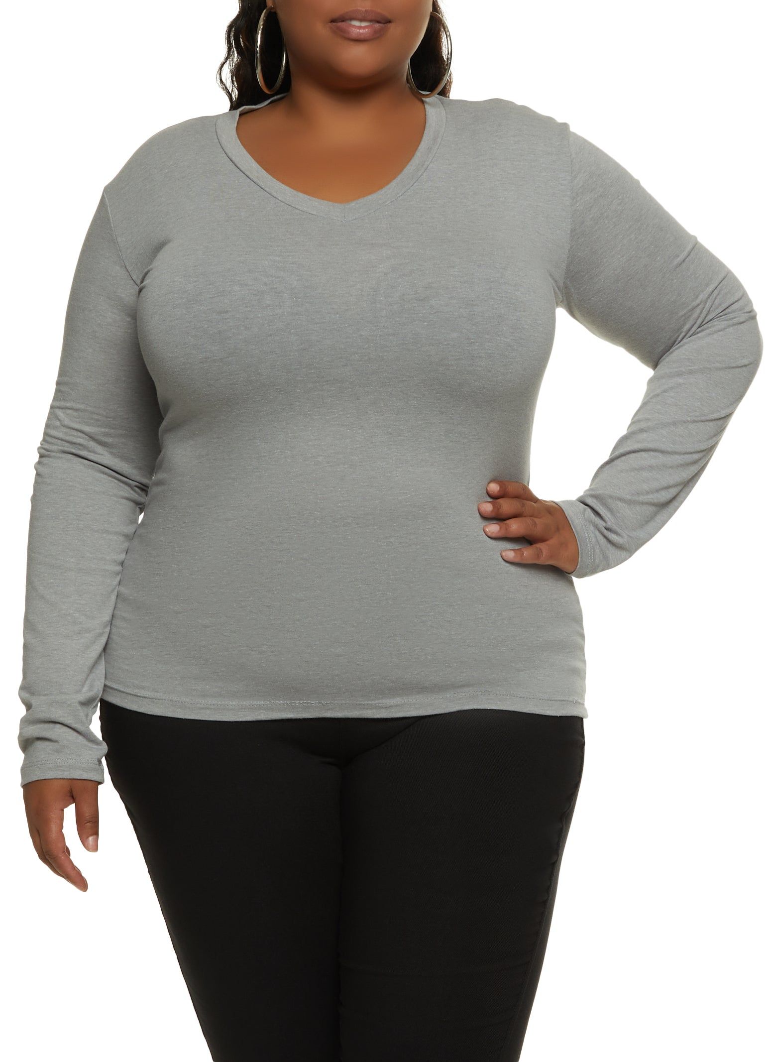 Plus Size Long Sleeve V Neck Basic Tee sold by Rainbow