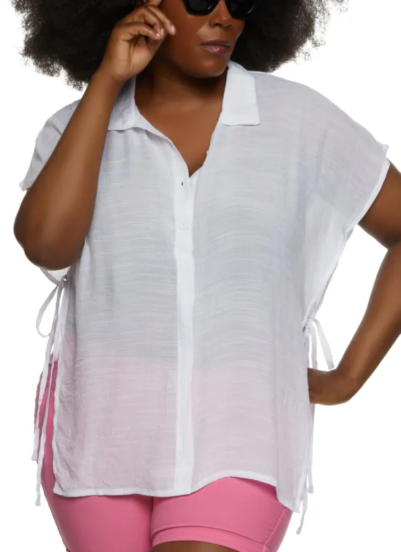 Plus Size Solid Open Side Tie Button Front Top sold by Rainbow