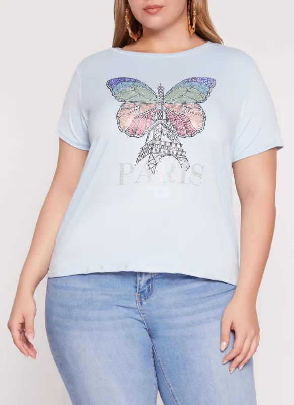 Plus Size Rhinestone Paris Eiffel Tower Butterfly Tee sold by Rainbow