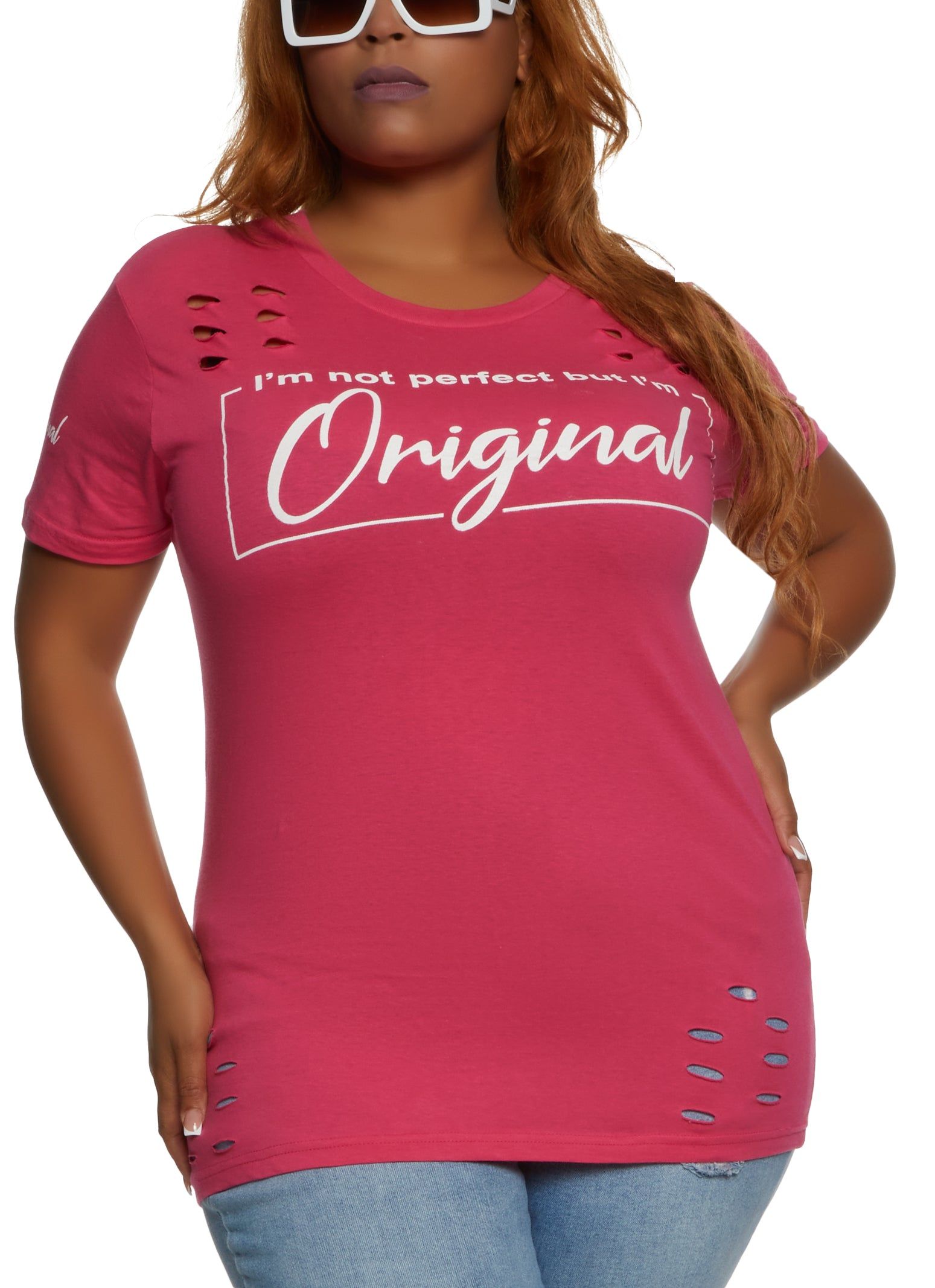 Plus Size Not Perfect But Im Original Laser Cut Graphic Tee sold by Rainbow